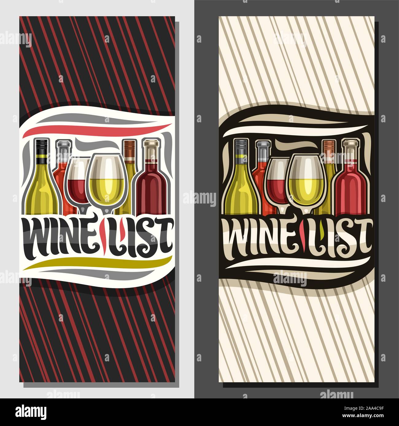 Vector layouts for Wine List, vertical cover with illustration of set italian wine bottles and half full shiny wineglasses, decorative lettering for w Stock Vector