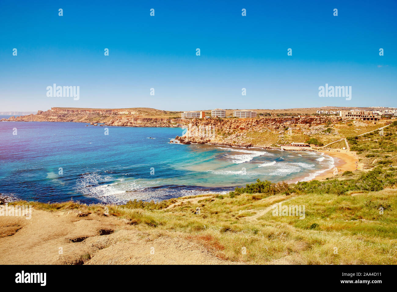 Panorama Golden Bay Malta summer tourist resort beach azure water sea ...