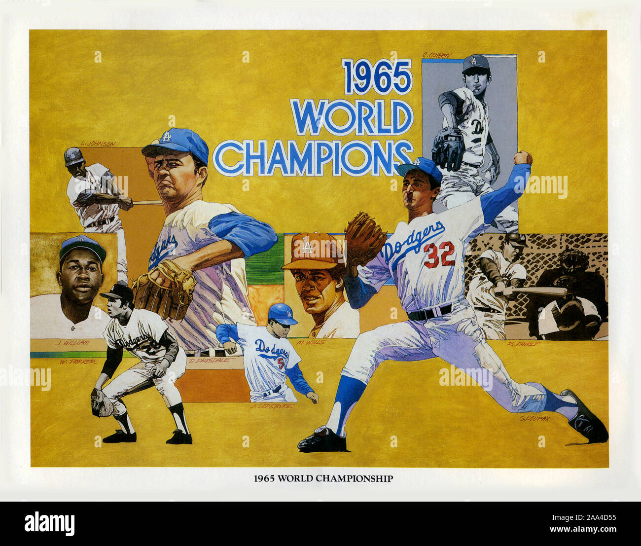 Collage artwork commemorating the Los Angeles Dodgers 1965 World Series Championship season by artist Paul Kratter was distributed as prints to fans of the Dodgers. Stock Photo