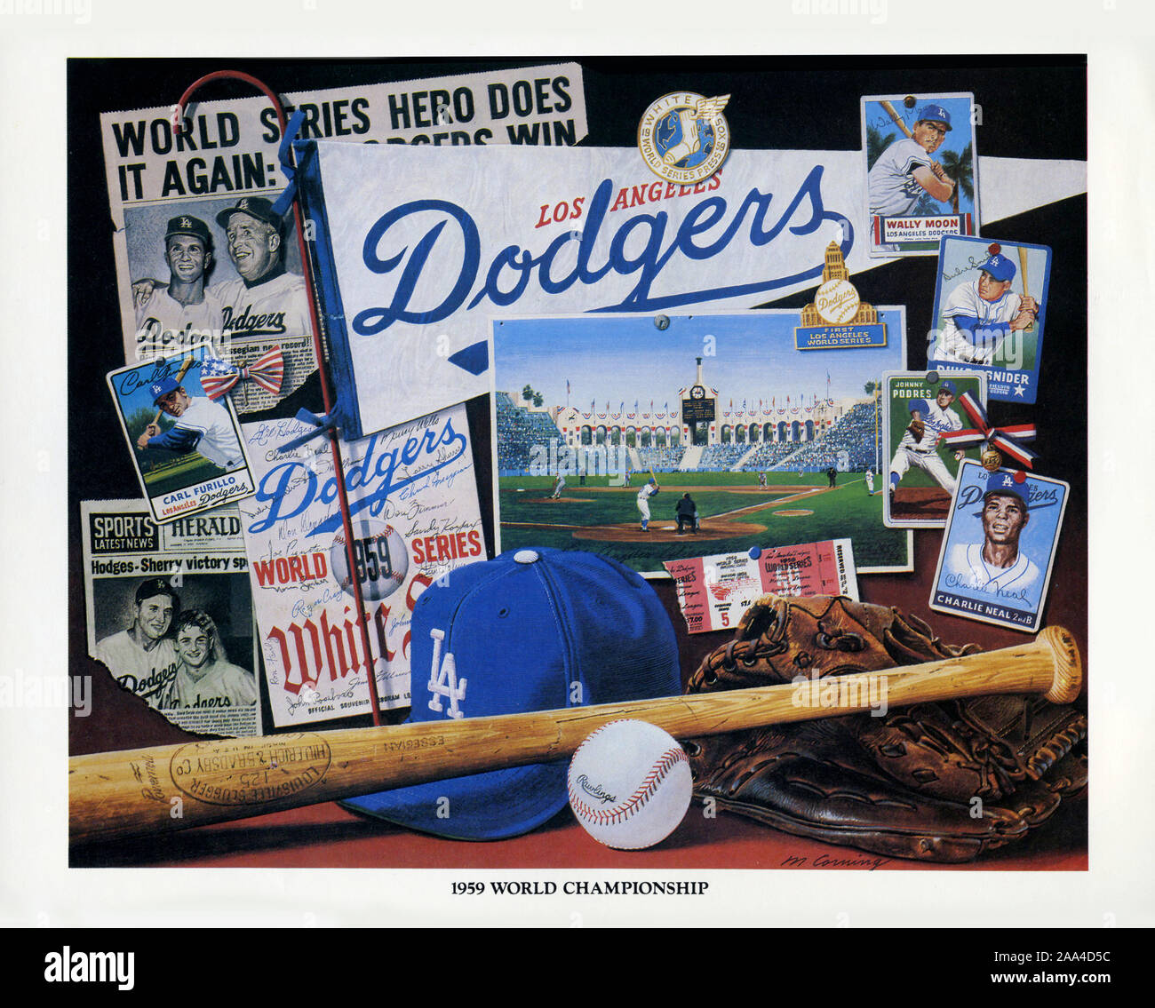 Collage artwork commemorating the Los Angeles Dodgers 1959 World Series Championship season by artist Merv Corning was distributed as prints to fans of the Dodgers. Stock Photo