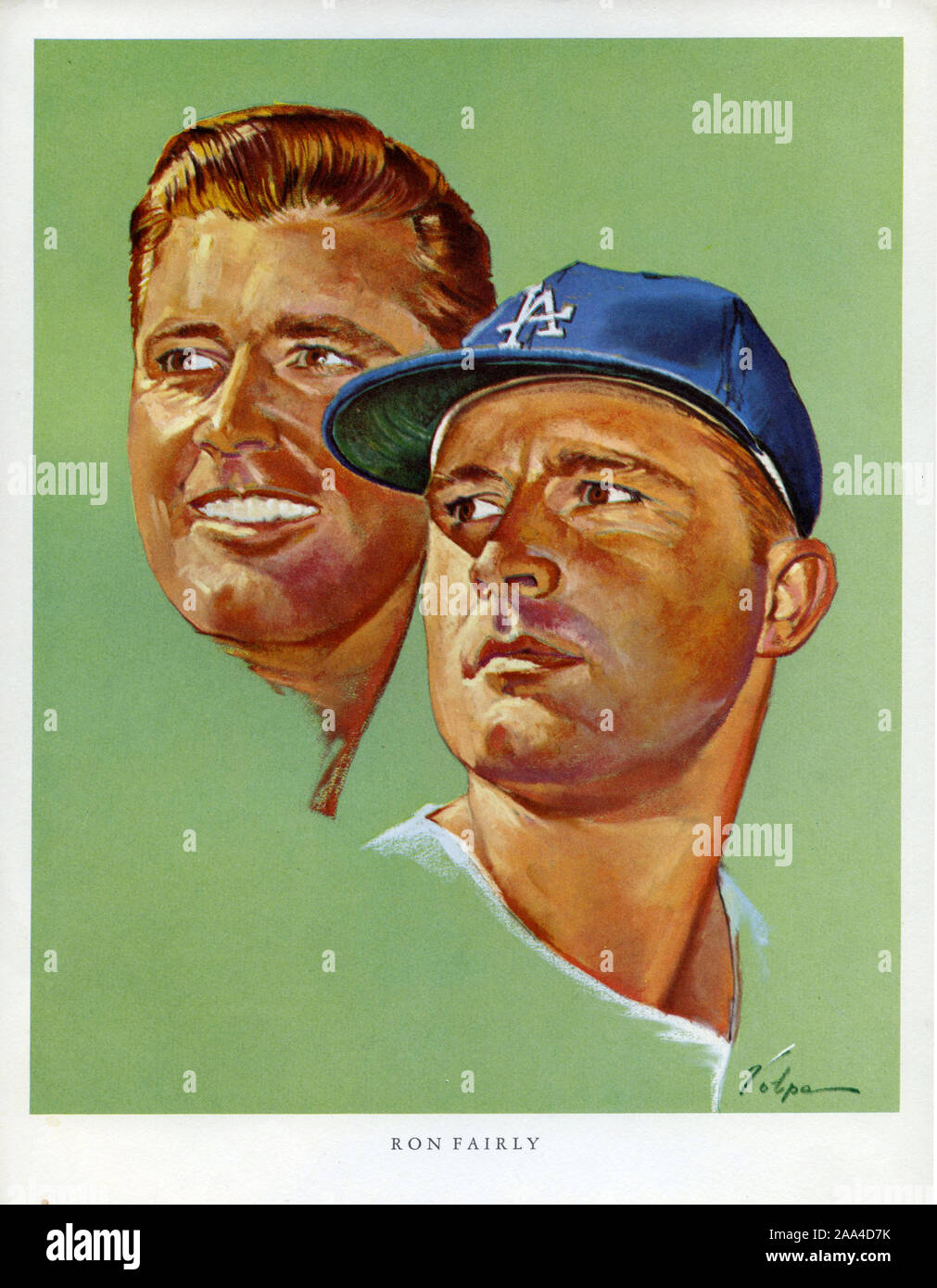 Souvenir portrait of Los Angeles Dodger player Ron Fairly by artist Nicholas Volpe was given out to customers at 76 gas stations in Los Angeles in 1964 as a promotion. Stock Photo