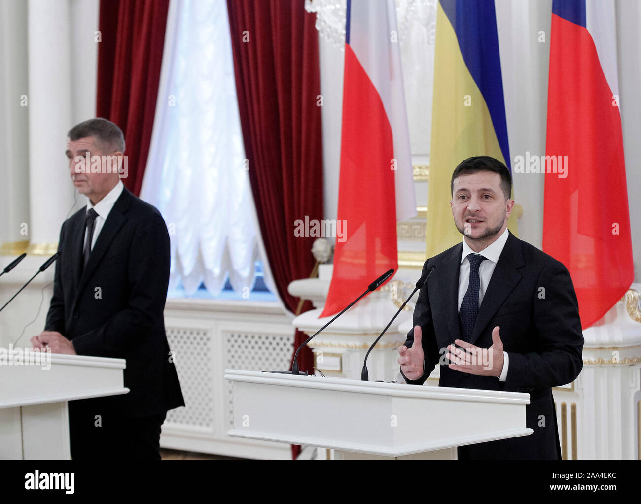 Czech Prime Minister, Andrej Babis (L) and Ukrainian President, Volodymyr Zelensky (R) during a media conference after their meeting.The Prime Minister of the Czech Republic Andrej Babis meets with Ukrainian top officials during his official visit to Ukraine. Stock Photo
