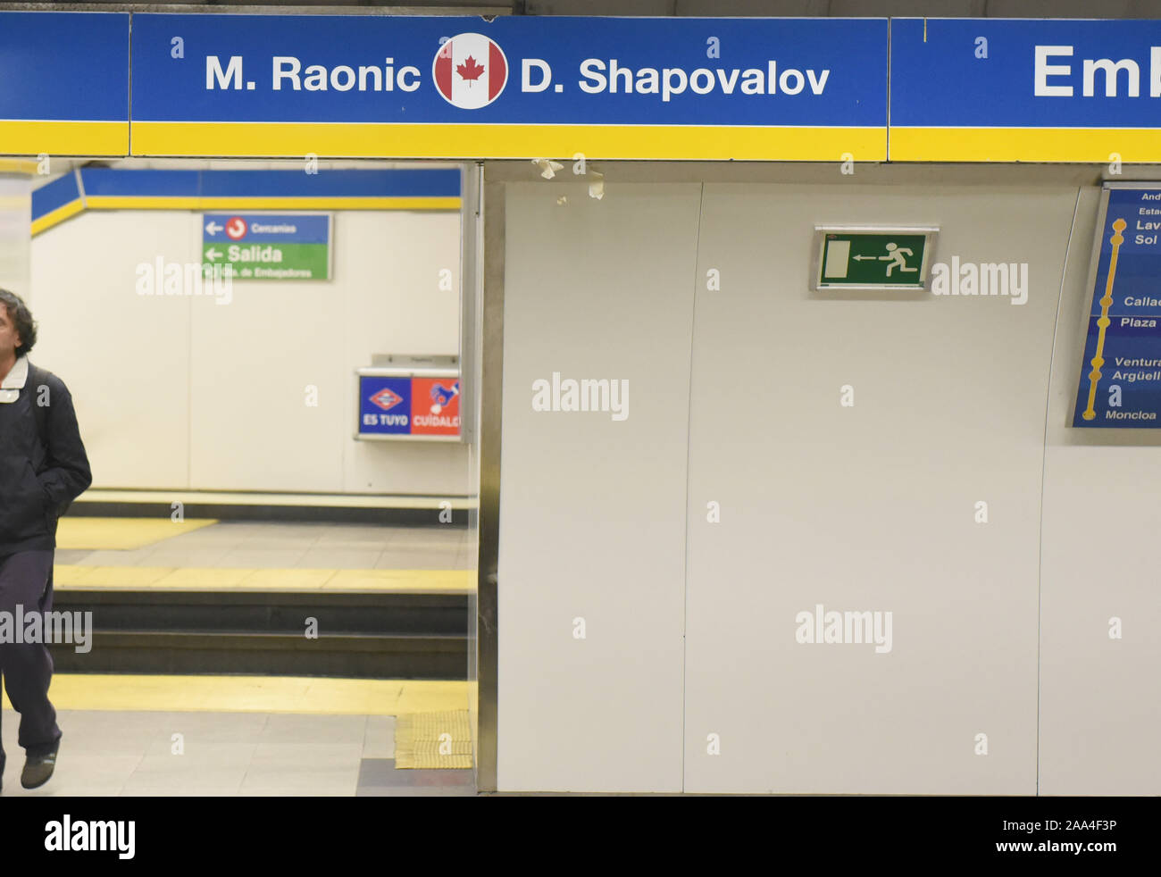 Embajadores Metro station in Madrid seen with the names of the Canadian national team tennis players Milos Raonic and Denis Shapovalov.Line 3 Metro Madrid stations have the names of the tennis players and the teams that will compete in the new Davis cup tennis tournament being held in Madrid for the first time.  It will start tomorrow Tuesday 19, Nov 2019. Stock Photo