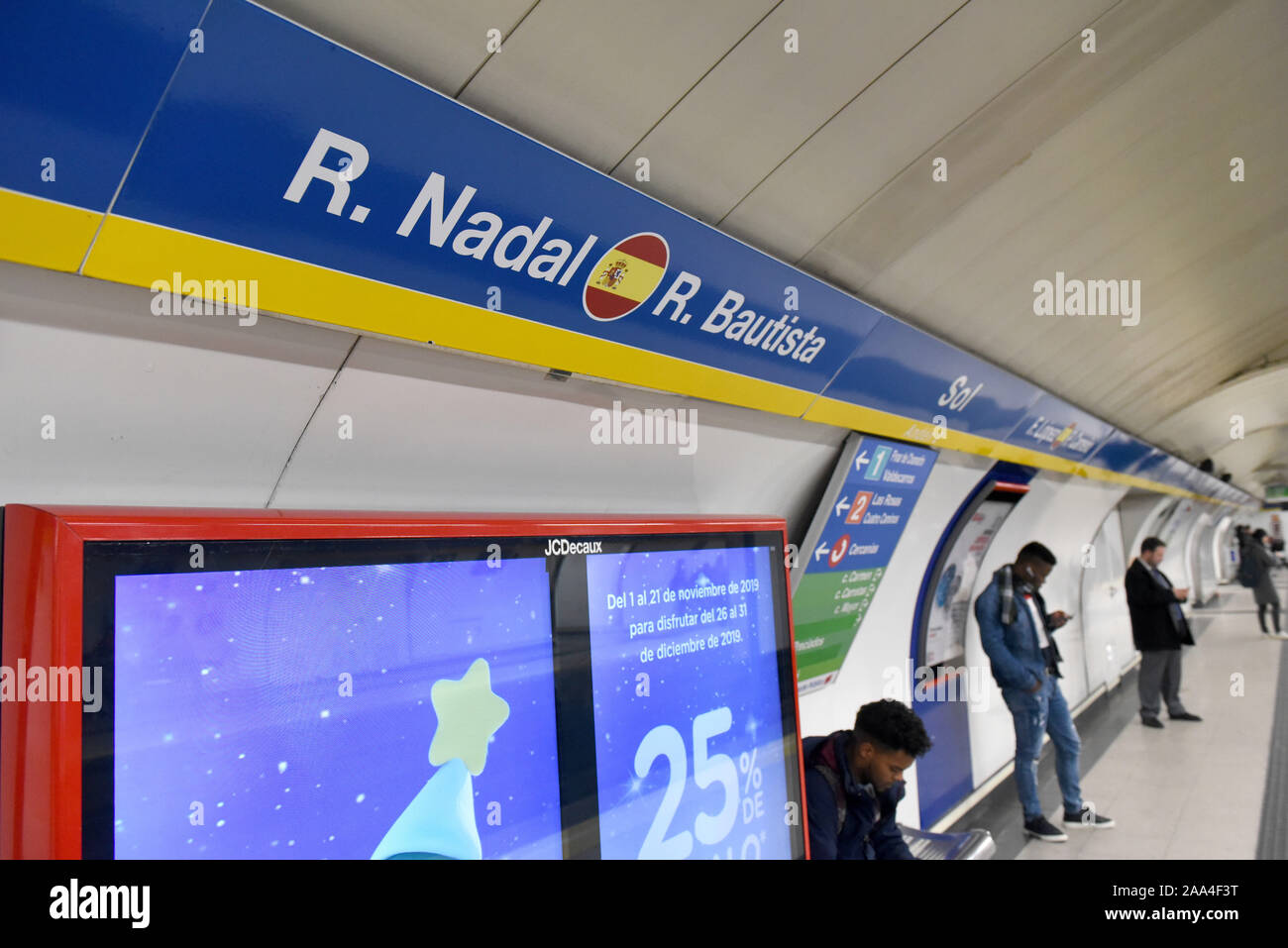Sol Metro station in Madrid seen with the names of the Spanish national team tennis players Rafael Nadal and Rafael Bautista.Line 3 Metro Madrid stations have the names of the tennis players and the teams that will compete in the new Davis cup tennis tournament being held in Madrid for the first time.  It will start tomorrow Tuesday 19, Nov 2019. Stock Photo