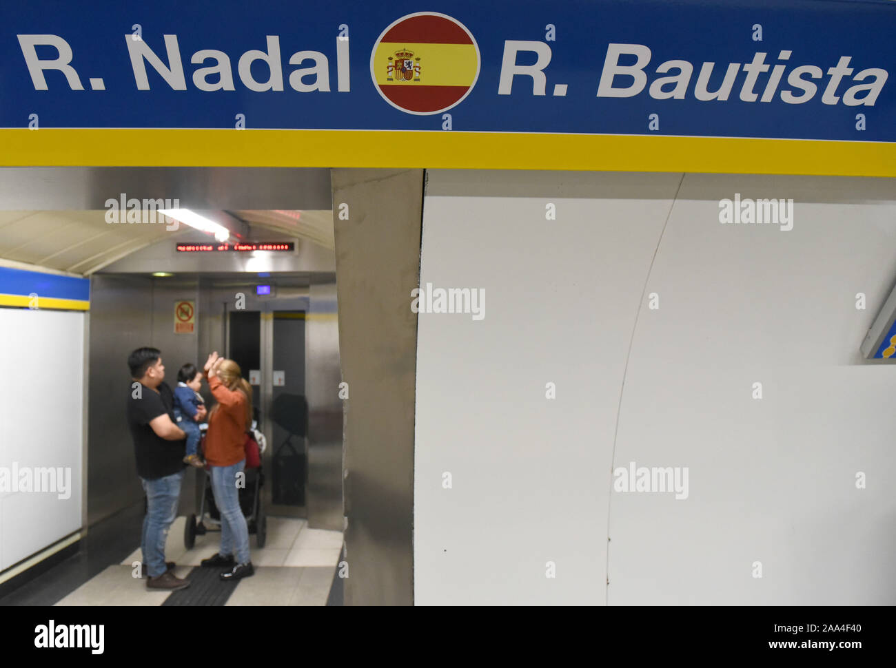 Sol Metro station in Madrid seen with the names of the Spanish national team tennis players Rafael Nadal and Rafael Bautista.Line 3 Metro Madrid stations have the names of the tennis players and the teams that will compete in the new Davis cup tennis tournament being held in Madrid for the first time.  It will start tomorrow Tuesday 19, Nov 2019. Stock Photo