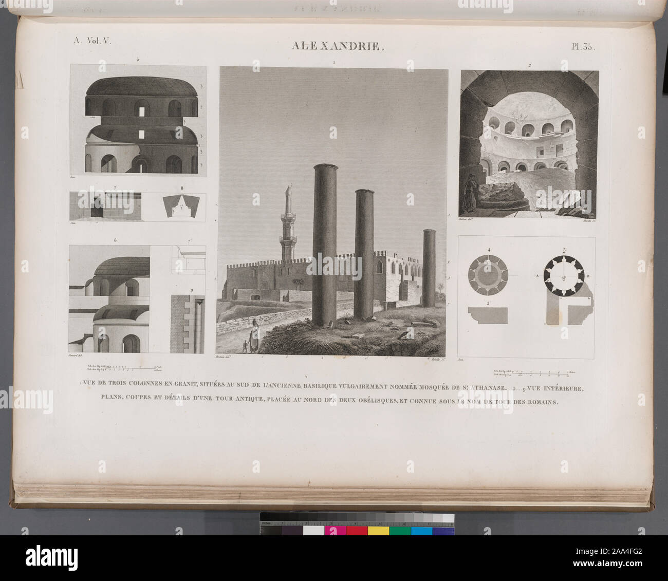 Alexandrie [Alexandria]. 1. Vue de trois colonnes en granit, situées au sud de l'ancienne basilique vulgairement nommée Mosquée de St. Athanase; 2-9. Vue intérieure, plans, coupes et détails d'une tour antique, placée au nord des deux obélisques, et connue sous le nom de tour des Romains.; Alexandrie [Alexandria]. 1. Vue de trois colonnes en granit, situées au sud de l'ancienne basilique vulgairement nommée Mosquée de St. Athanase; 2-9. Vue intérieure, plans, coupes et détails d'une tour antique, placée au nord des deux obélisques, et connue sous le nom de tour des Romains. Stock Photo