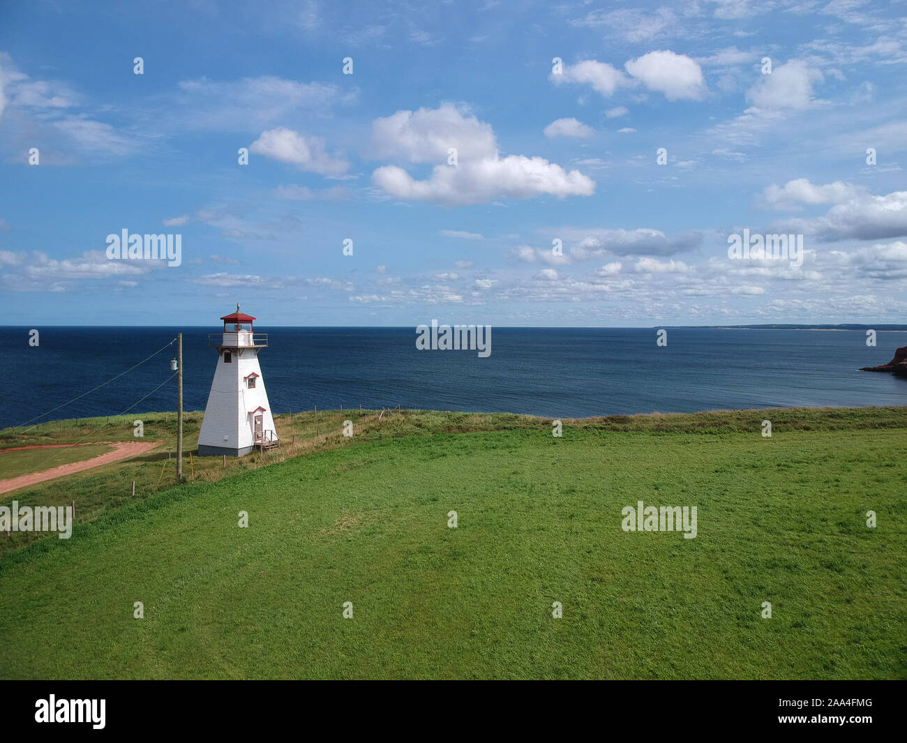 Aerial view of Cape Tryon Lighthouse and Coastal Landscape, Prince Edward Island, Maritime, Eastern Canada Stock Photo