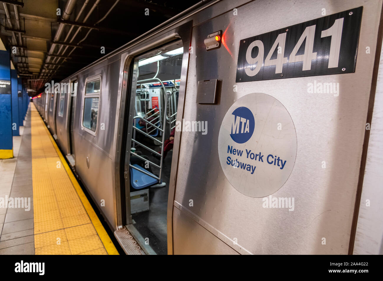 Train in a subway station, Manhattan, New York, USA Stock Photo
