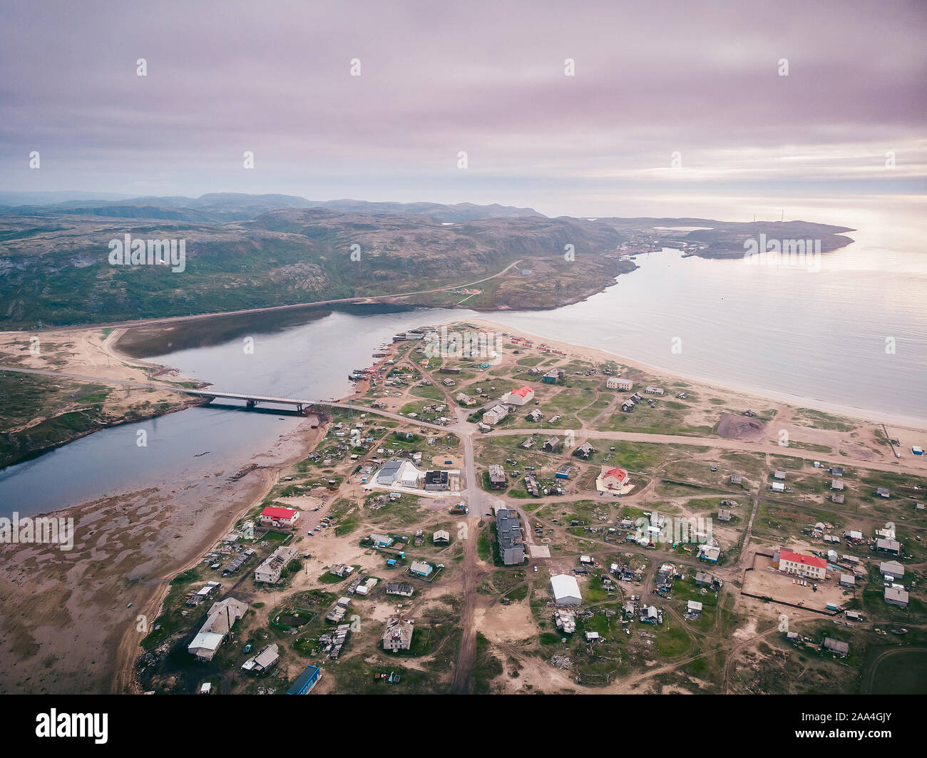 Panorama of village Teriberka Murmansk Russia. Aerial top view Stock