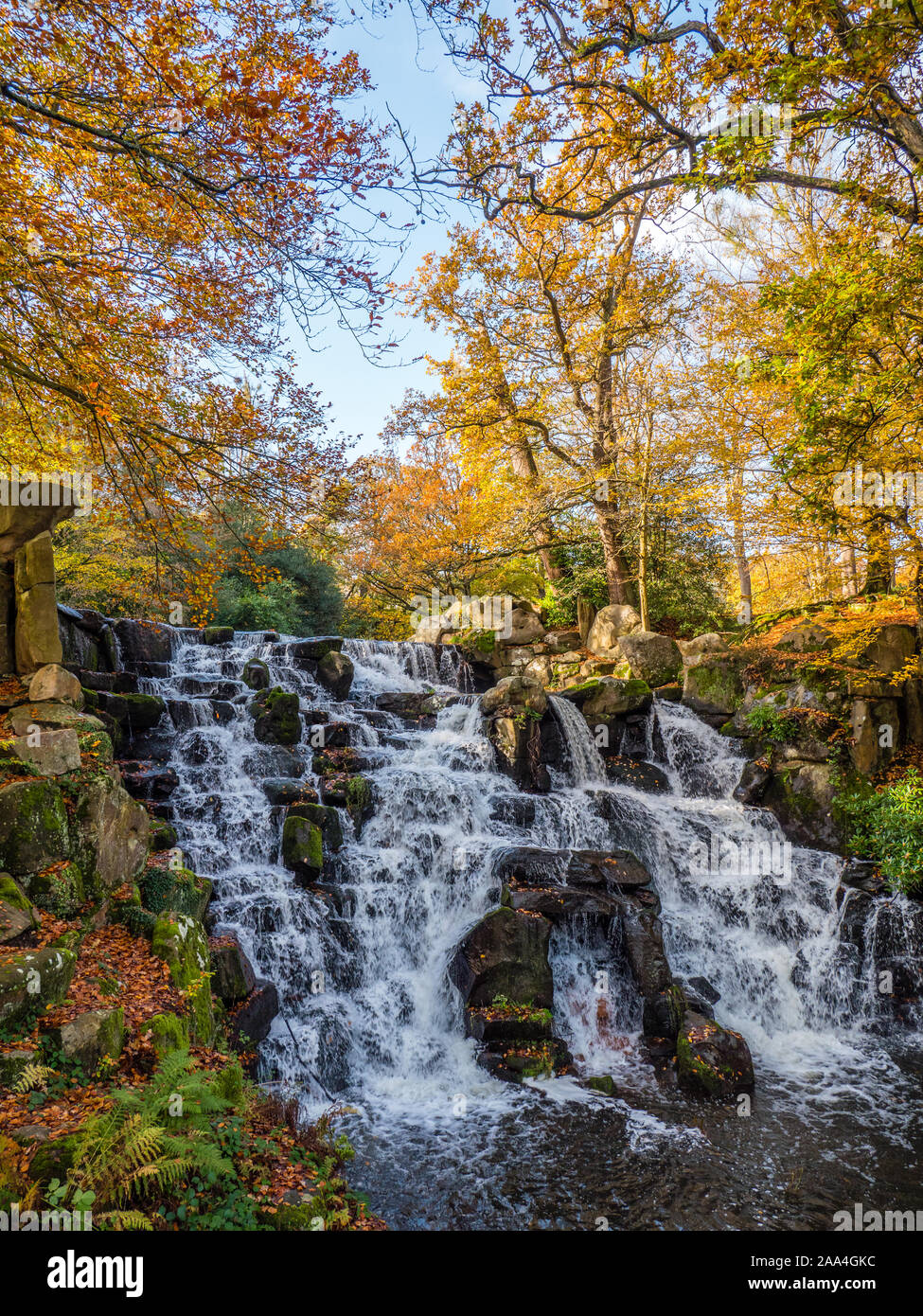 The Cascade Waterfall, Windsor Great Park, Virginia Water, Surrey, England, UK, GB. Stock Photo