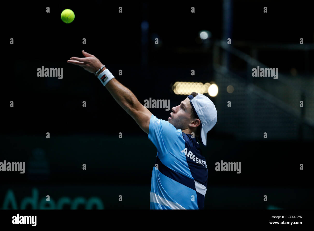 Diego Schwartzman of Argentina in action during the singles match against Cristian Garin of Chile on Day 2 of the 2019 Davis Cup at La Caja Magica. Stock Photo
