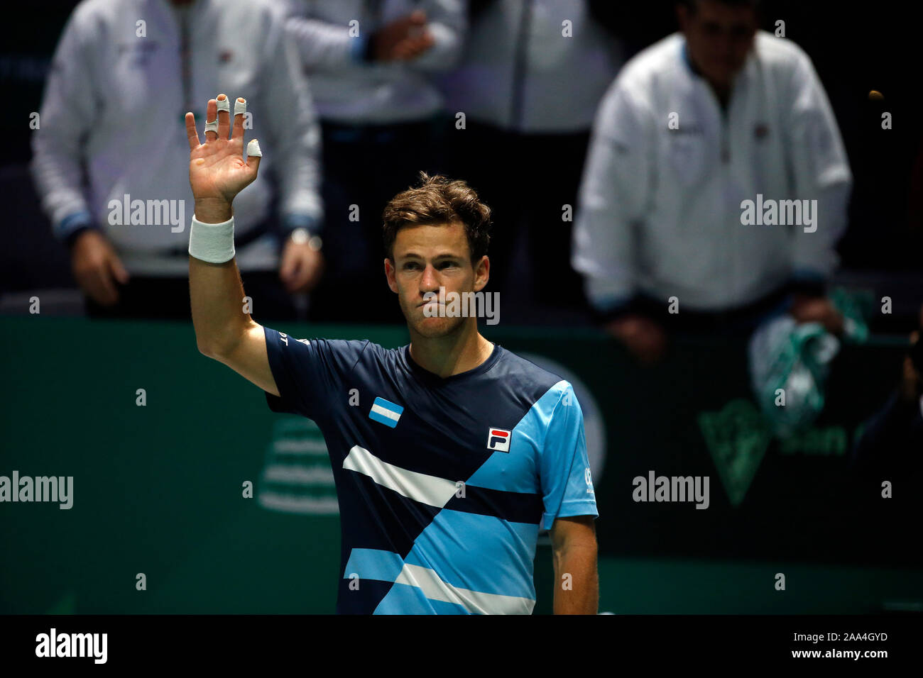 Diego Schwartzman of Argentina celebrates victory during the singles match against Cristian Garin of Chile on Day 2 of the 2019 Davis Cup at La Caja Magica. Stock Photo