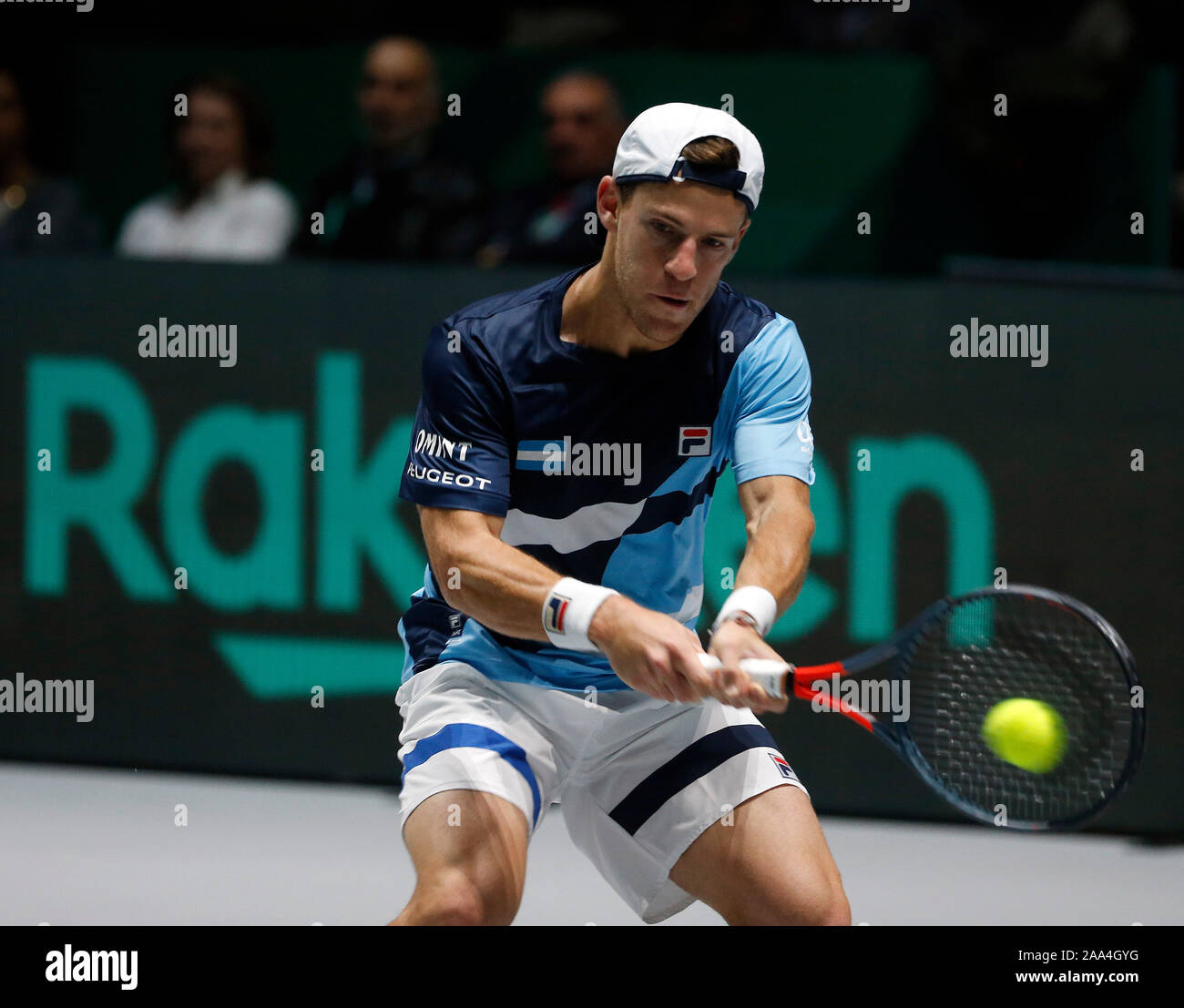 Diego Schwartzman of Argentina in action during the singles match against Cristian Garin of Chile on Day 2 of the 2019 Davis Cup at La Caja Magica. Stock Photo