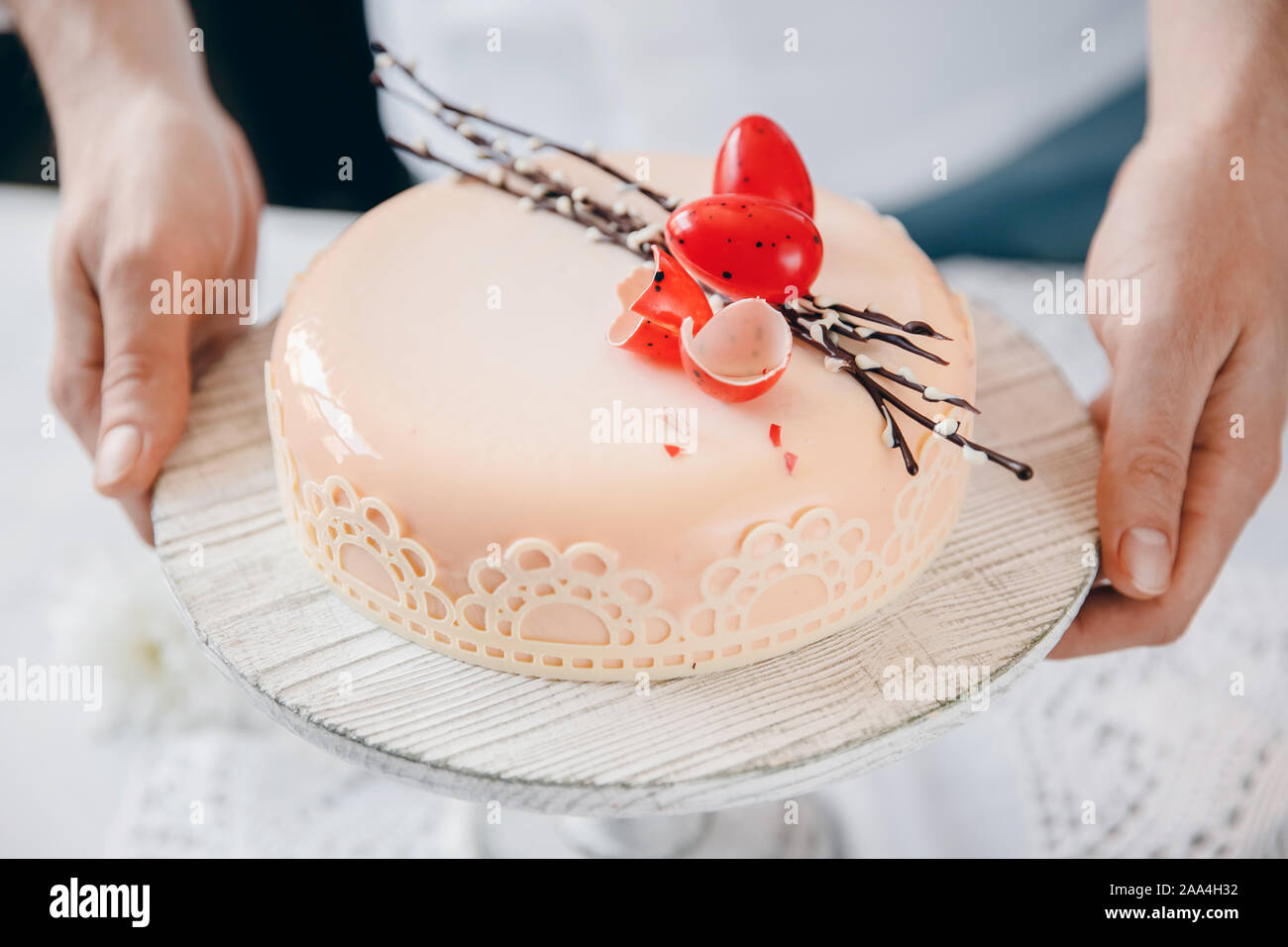 Closeup Decoration For Cake Chocolate Eggs And Willow Easter With