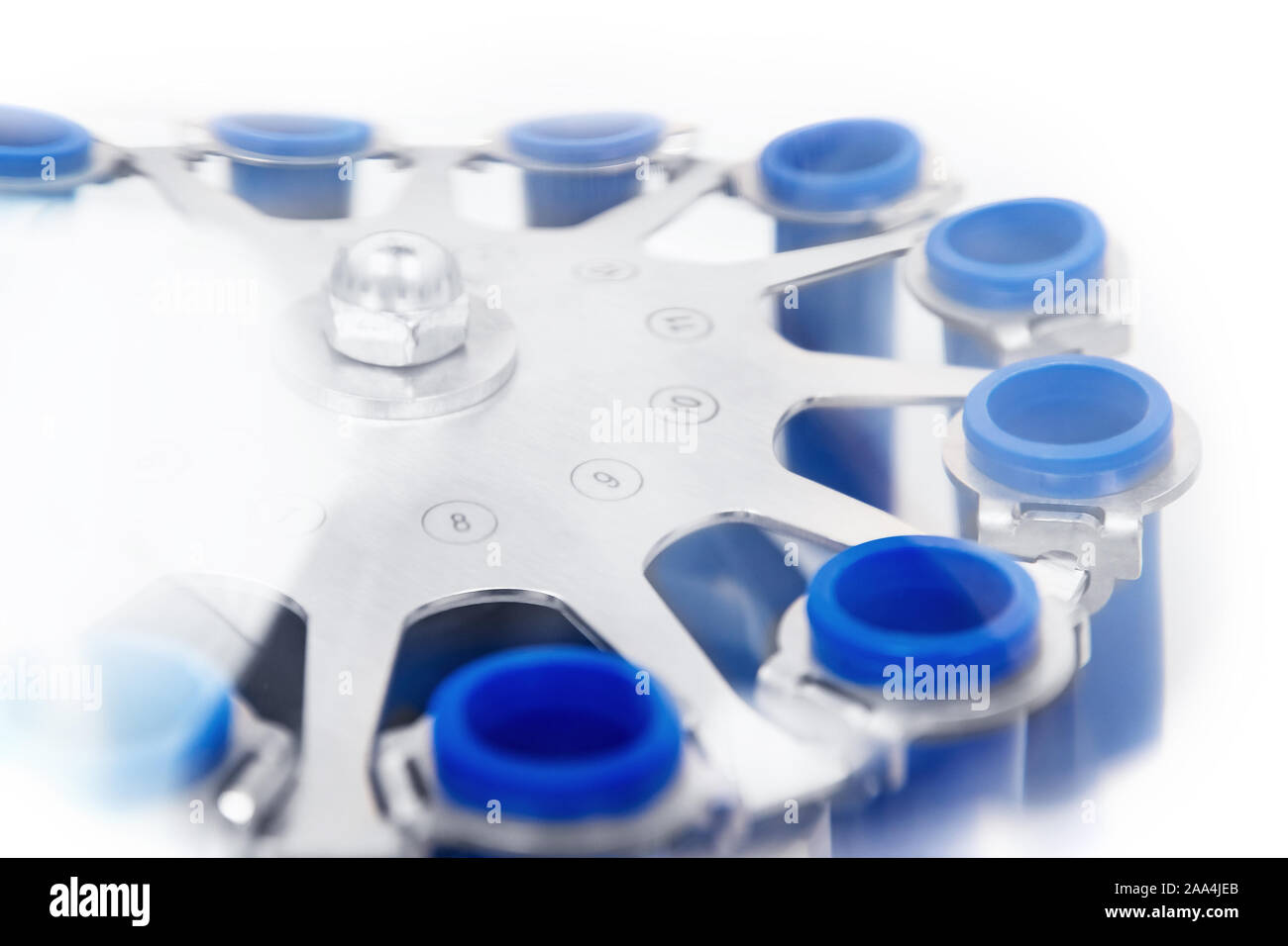 Centrifuge with blue tubes for blood and plasma analysis, medical