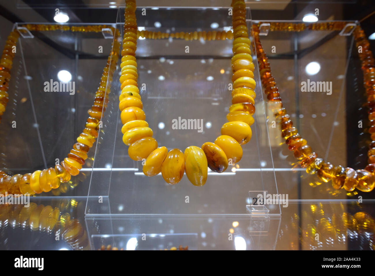 Baltic amber, the gold of the Baltic, in the Amber museum. Gdansk, Poland Stock Photo
