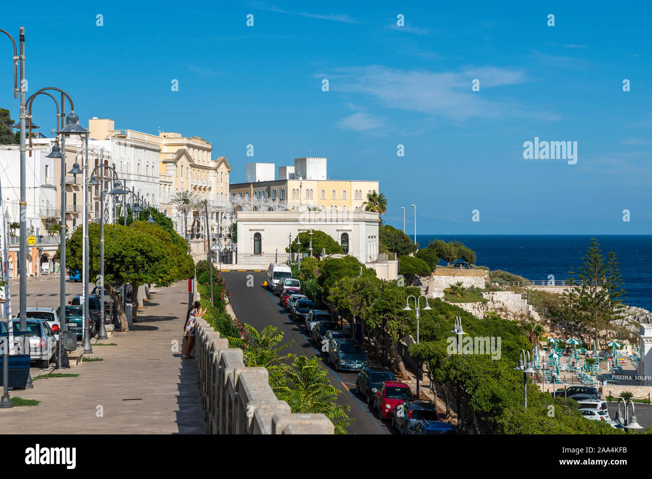View along Via Roma on the seafront at Santa Cesarea Terme on the Adriatic Coast of Apulia (Puglia) in Southern Italy Stock Photo