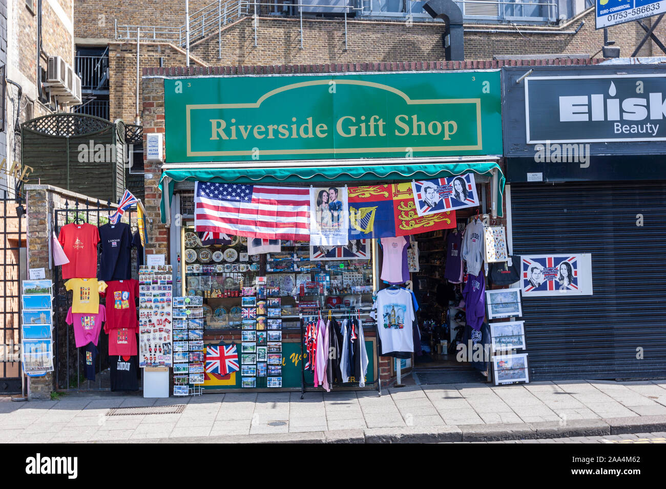 Riverside Gift Shop, with USA flag and Prince Williams and Kate
