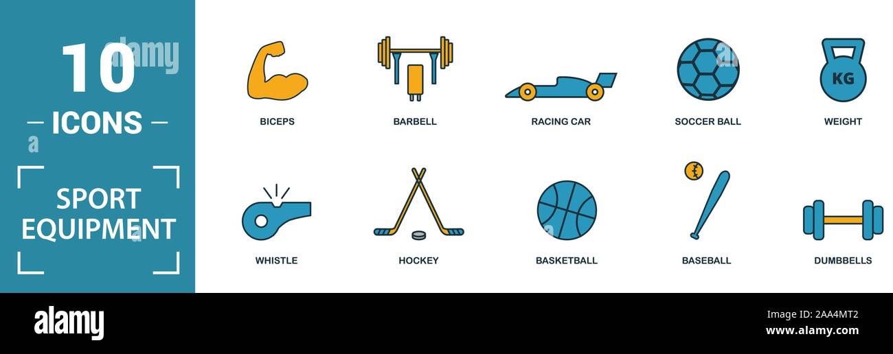 Sport Equipment icon set. Include creative elements dumbbells, soccer ...