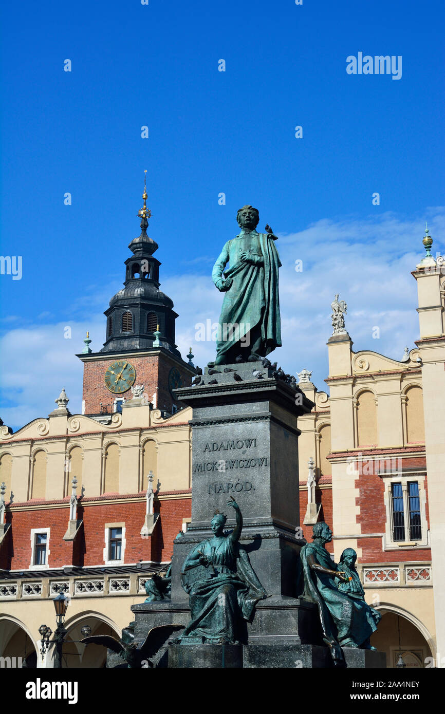 The statue of Adam Mickiewicz, the greatest polish romantic poet of the 19th century, is one of the best known bronze statues in Poland. Krakow Stock Photo