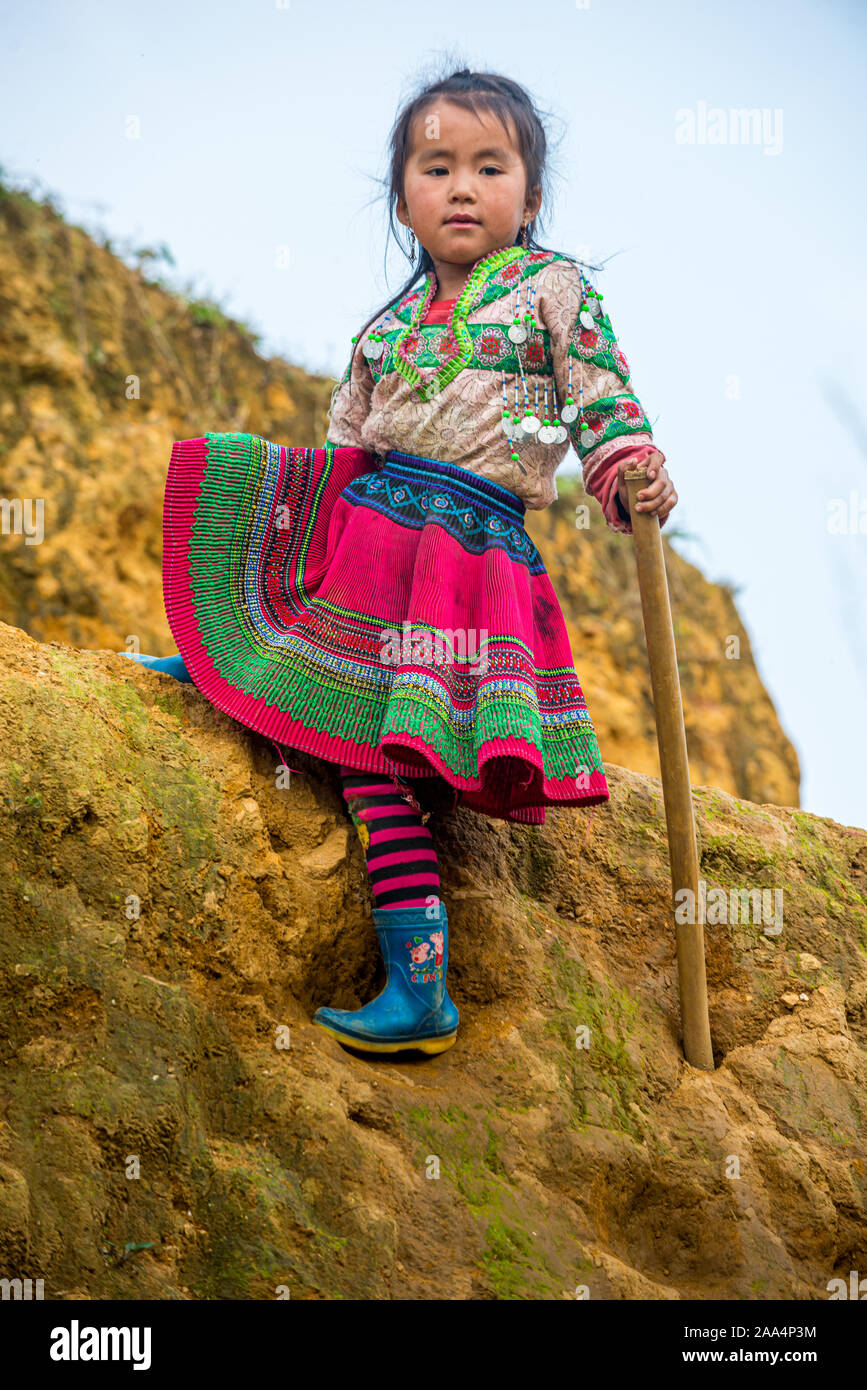 Sapa, Vietnam. March 13, 2019: Portrait of an ethnic minority Black Hmong. Girl dressed in traditional clothing in the Cat Cat village, Sapa Northern Stock Photo