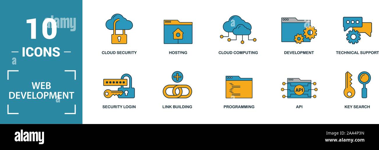 Web Development icon set. Include creative elements key search, seo, cloud storage, cloud management, network connection icons. Can be used for report Stock Vector