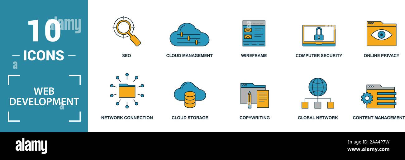 Web Development icon set. Include creative elements key search, seo, cloud storage, cloud management, network connection icons. Can be used for report Stock Vector