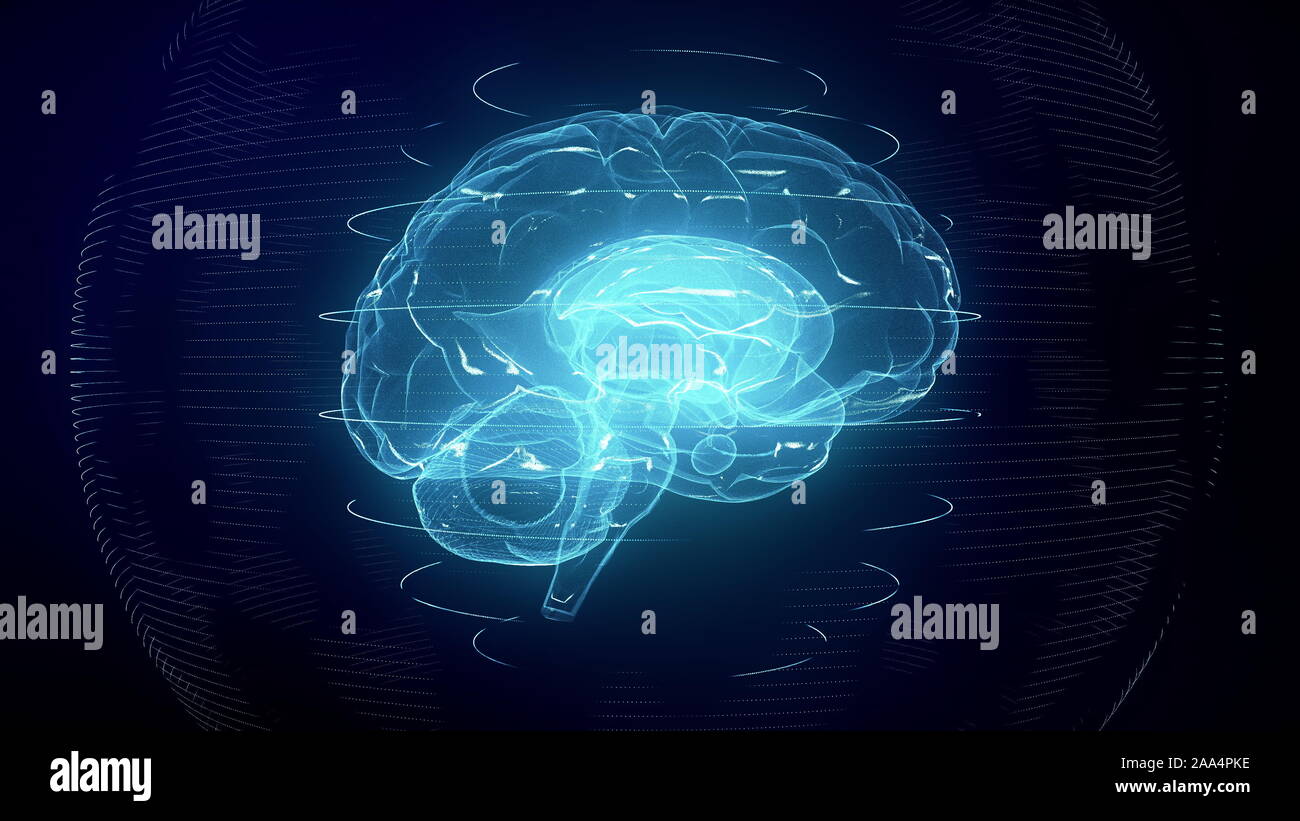 Futuristic blue digital brain. Neurons firing in MRI scan Stock Photo