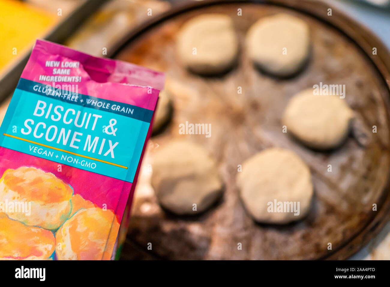 Durango, USA August 31, 2019 Baking pan with uncooked biscuits or