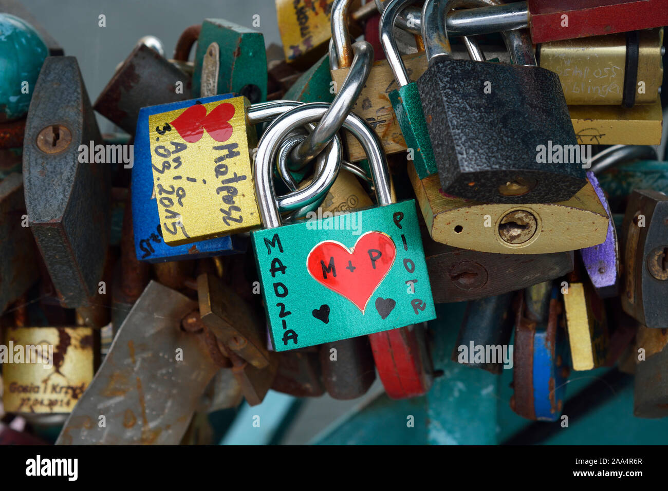 Lovers padlocks. This bridge is full of padlocks which lovers leave; Bridge over  the Odra river. Wroclaw, Poland Stock Photo