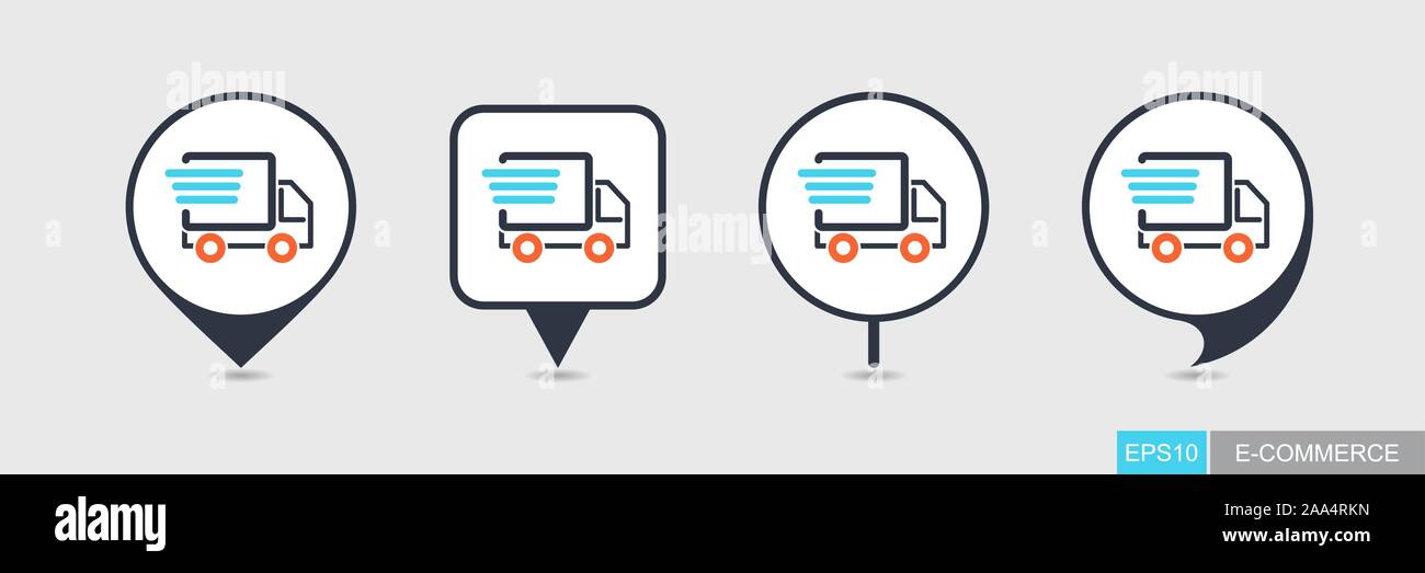 Fast shipping delivery truck flat pin map icon. E-commerce sign. Map pointer. Map markers. Destination vector icon Stock Vector
