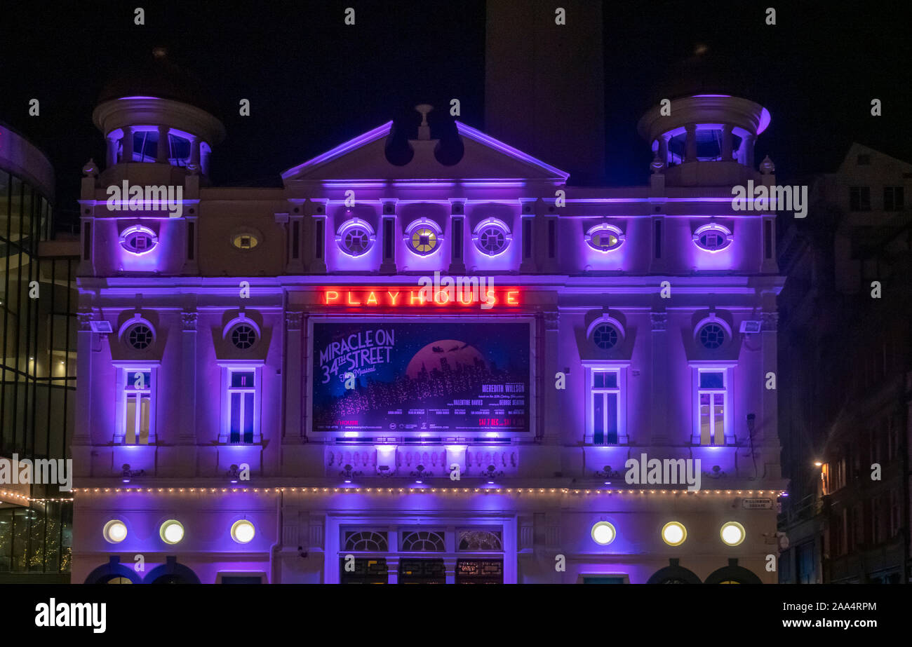 Liverpool Playhouse in Williamson Square lit up at night Stock Photo