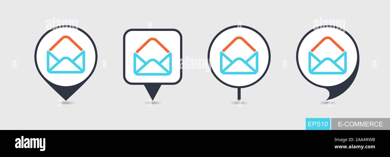 Open envelope vector pin map icon. E-commerce sign. Map pointer. Map markers. Destination vector icon Stock Vector