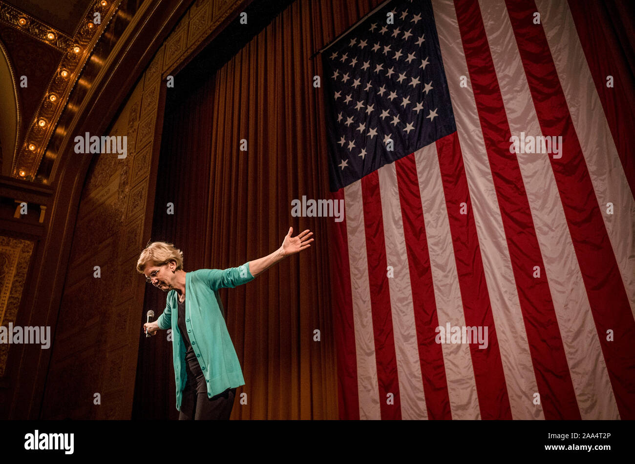 Elizabeth Warren, Massachusetts Senator, while giving her presidential stump speech to a full Auditorium Theatre, Chicago, Illinois, USA 29 June 2019. Stock Photo