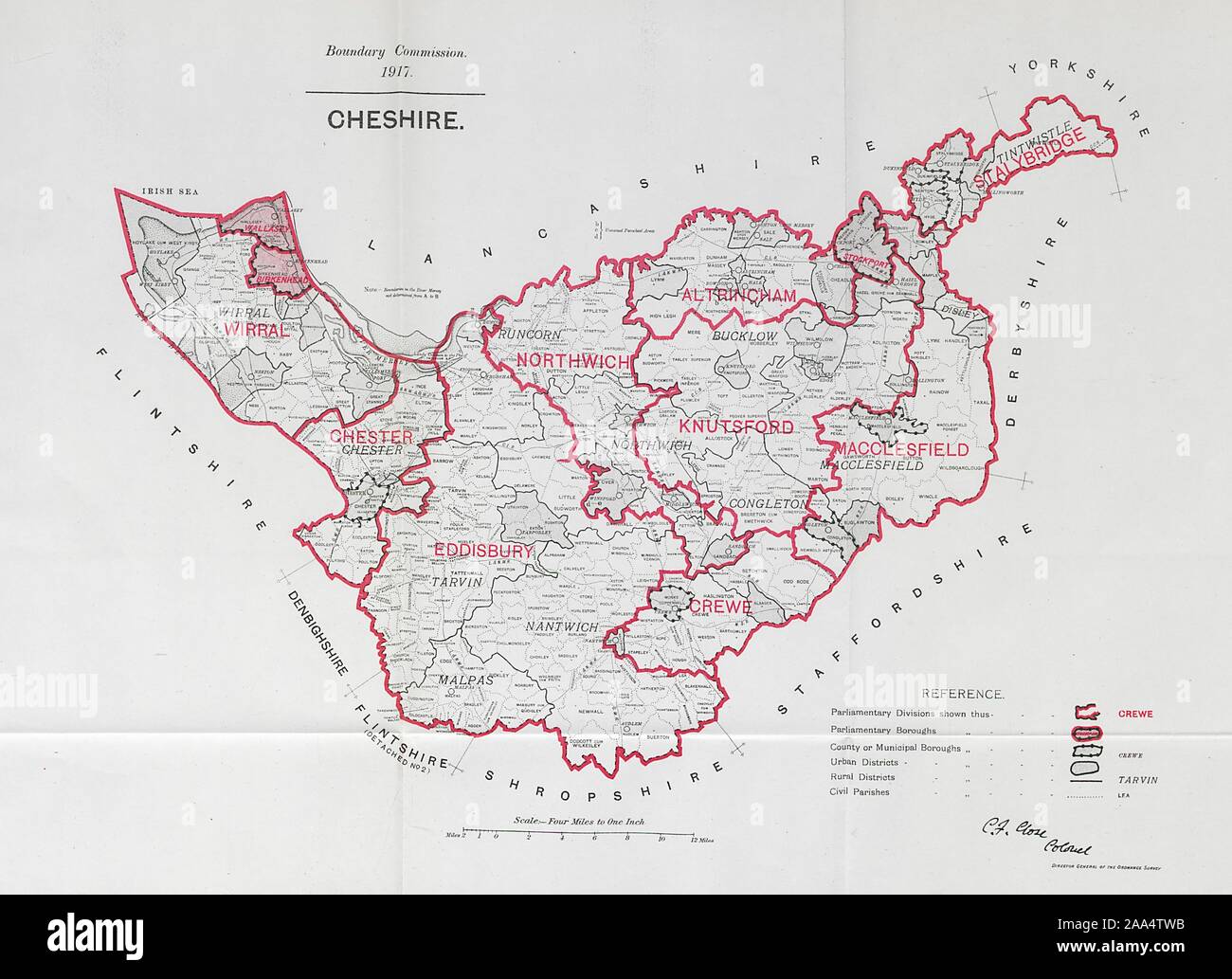 Cheshire County Boundary Map Cheshire Parliamentary County. Boundary Commission. Close 1917 Old Antique  Map Stock Photo - Alamy