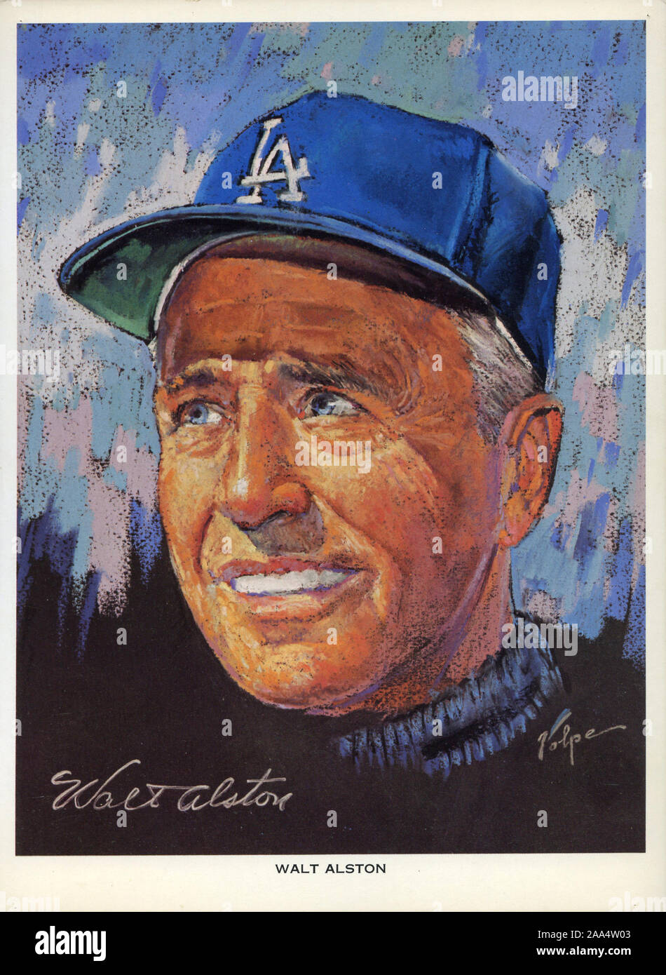 Souvenir portrait of Los Angeles Dodger manager Walt Alston by artist