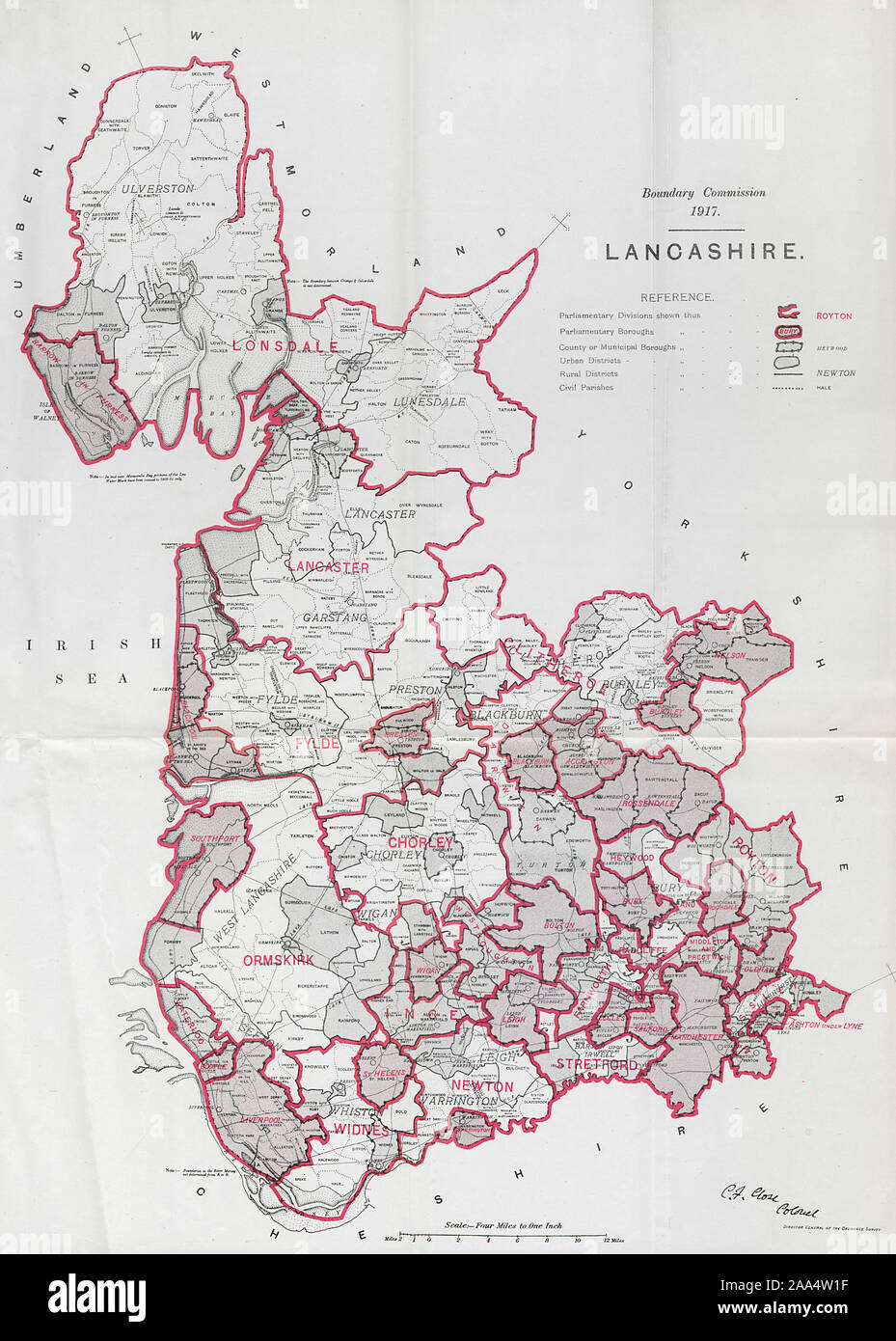 Lancashire County Boundary Map Lancashire Parliamentary County. Boundary Commission. Close 1917 Old Map  Stock Photo - Alamy
