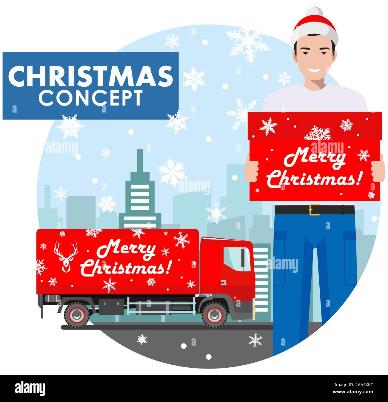 Christmas and New Year business concept. Detailed illustration of young businessman in the Santa Claus hat hold the box in hands on background with Stock Vector