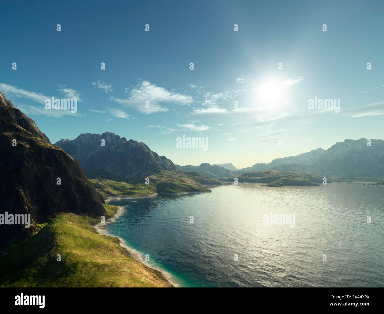 Eine wunderschoene Fantasy-Landschaft, die einen wunderschoenen Strand darstellt darstellt Stock Photo