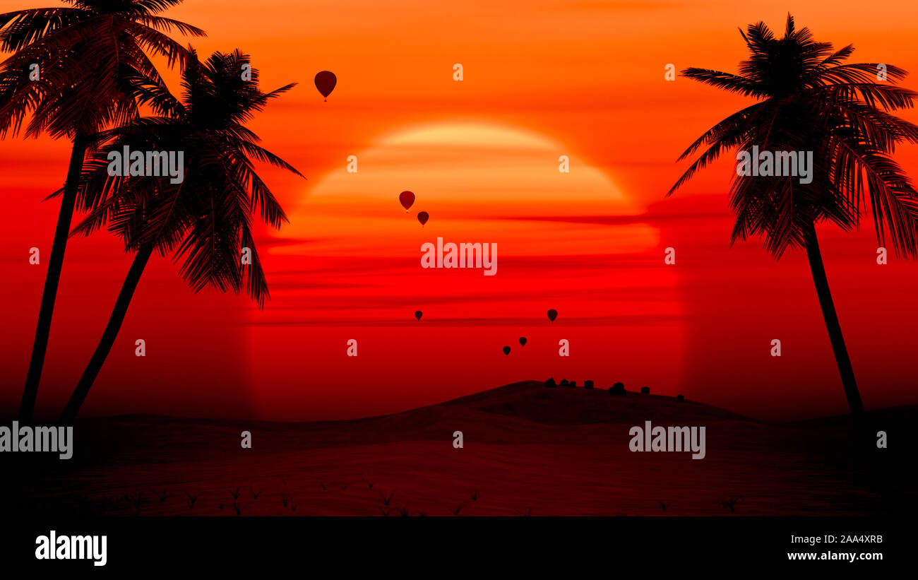 Eine Ballonfahrt bei Sonnenuntergang, im Vordergrund drei Palmen Stock Photo
