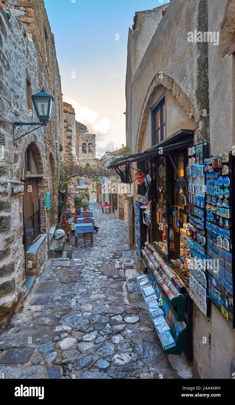 Christmas atmosphere in the medieval castle town of Monemvasia, Greece. Decorated store fronts for christmas in Monemvasia, Laconia, Peloponnese Stock Photo