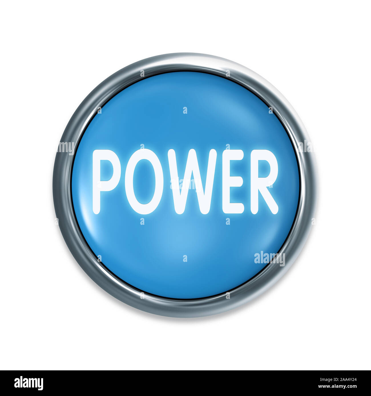 Ein blauer Startknopf vor weissem Hintergrund, Aufschrift: 'Power' Stock Photo