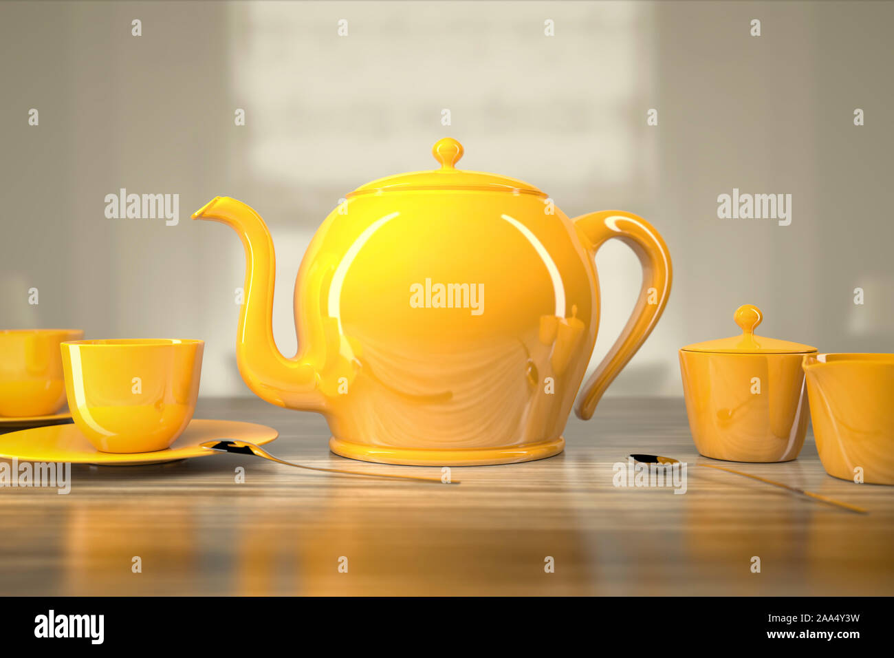 Ein schoenes Teeservice in der Farbe gelb Stock Photo