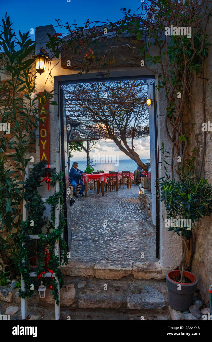 Christmas atmosphere in the medieval castle town of Monemvasia, Greece. Decorated store fronts for christmas in Monemvasia, Laconia, Peloponnese Stock Photo