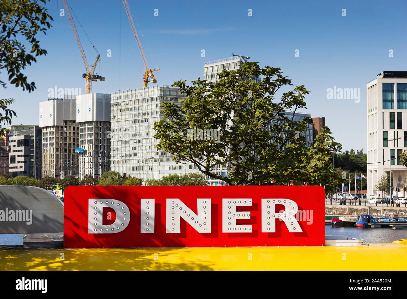 Liverpool, UK. American Diner sign with Liverpool city in background Stock Photo Alamy