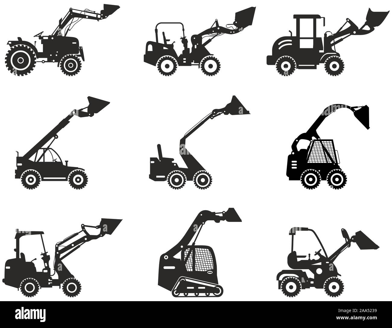 Set of skid steer loaders. Silhouette of heavy construction equipment and mining machine in flat style on the white background. Building machinery Stock Vector