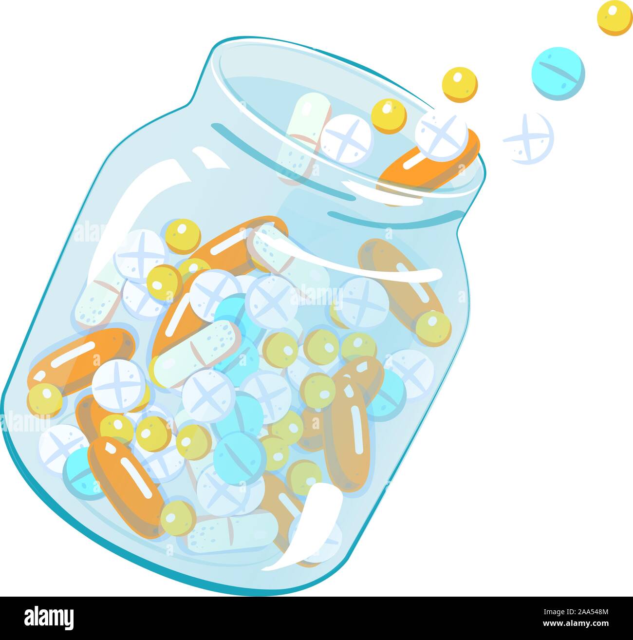Open jar with tablets levitate. Illustration for medical design. Realistic Medicine bottle icon, pill, pharmacy drug, health care concept. Vitamin tablet box. Vector flat Isolated on white background. Stock Vector