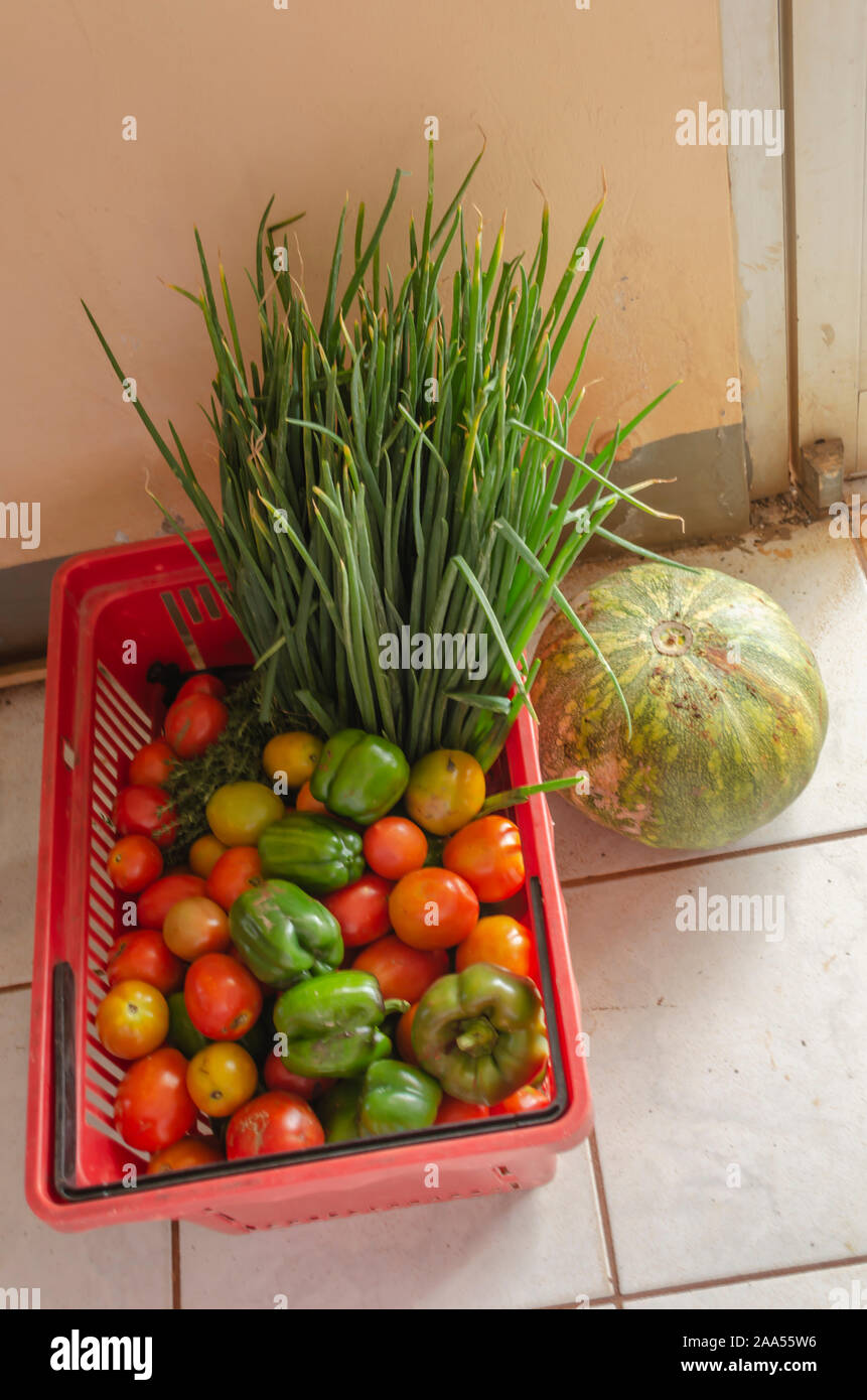 Fruits And Vegetables In Plastic Basket Stock Photo