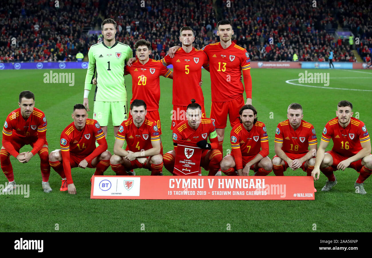 Wales' (back left to right) Wayne Hennessey, Daniel James, Chris Mepham, Kieffer Moore, (front left to right) Aaron Ramsey, Connor Roberts, Ben Davies, Gareth Bale, Joe Allen, Joe Morrell and Tom Lockyer pose for a photograph ahead of kick-off during the UEFA Euro 2020 Qualifying match at the Cardiff City Stadium. Stock Photo