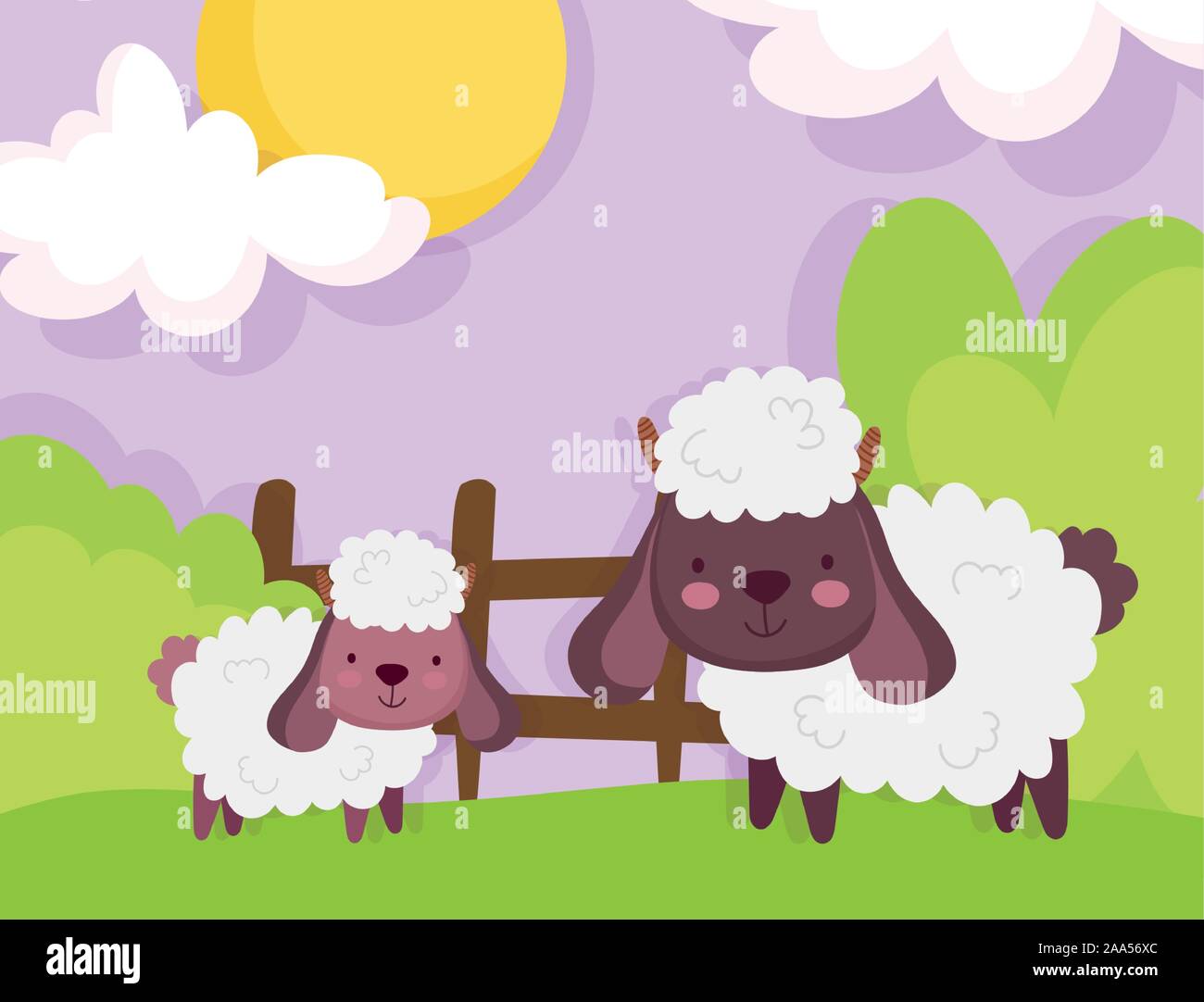 sheep wooden fence grass sky farm animals vector illustration Stock ...